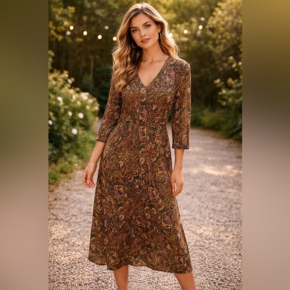 INDISKA Artsy Cottagecore Floral Boho Garden V-neck Long Sleeve Dress Small